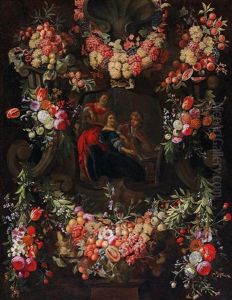 A Garland Of Flowers And Fruit Around A Cartouche Featuring Three Music-making Figures