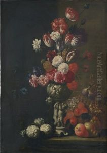 Still Life Of Tulips, Carnations And Other Flowers In A Vase Decorated With Putti, With A Basket Of Fruit, All On A Stone Ledge by Gaspar Pieter Verbrueggen the Elder