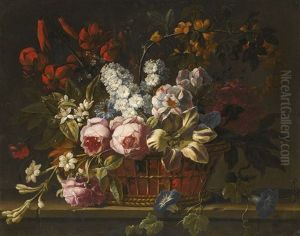 Still Life Of Pink Roses, Tulips, Hyacinths, Jasmine And Other Flowers Loosely Arranged In A Wicker Basket, All Upon A Stone Ledge by Gaspar Pieter Verbrueggen the Elder