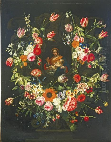 The Virgin And Child In A Stone Niche, Surrounded By Garlands Of Flowers - view 1