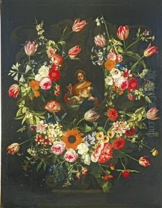 The Virgin And Child In A Stone Niche, Surrounded By Garlands Of Flowers by Gaspar Pieter Verbrueggen the Elder