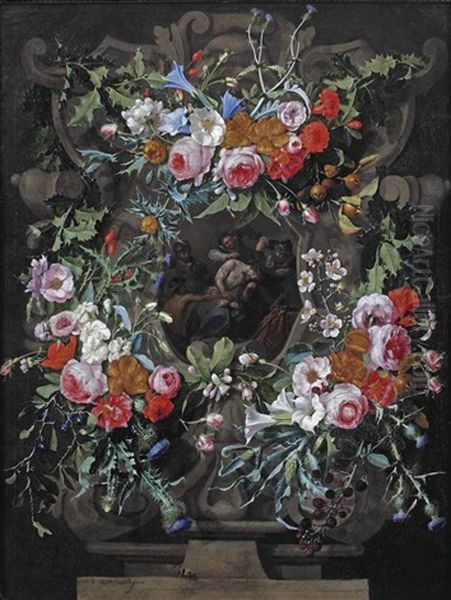 The Mocking Of Christ Surrounded By A Sculpted Cartouche With A Garland Of Holly, Thistles, Morning Glory, And Other Flowers On A Stone Ledge - view 1