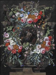 The Mocking Of Christ Surrounded By A Sculpted Cartouche With A Garland Of Holly, Thistles, Morning Glory, And Other Flowers On A Stone Ledge