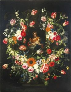 The Virgin And Child In A Stone Niche, Surrounded By Garlands Of Flowers