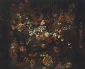 Geums, Roses, Parrot Tulips, Chrysanthemums, Sunflower And Other Flowers In An Architectural Setting, With A Gourd, Grapes, Peaches, Plums, A Pomegranate And Other Fruit With Parrots by Gaspar Pieter Verbrueggen the Elder
