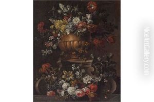 Blumenstillleben In Einer Terrakottavase Auf Volutensockel