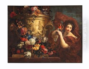 A Lady Standing Beside A Sculpted Stone Urn Adorned With Roses, Tulips, Crown Imperials, Convolvulus And Other Flowers