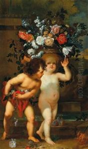 Two Putti Holding A Basket With Flowers