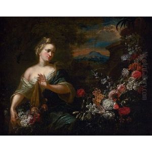 Jeune Femme Tenant Une Guirlande De Fleurs Dans Un Paysage