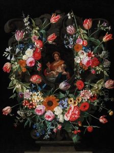 A Floral Garland Around A Stone Cartouche Enclosing The Madonna And Child