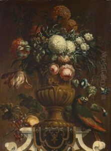 Roses, Chrysanthemums And Other Flowers In An Urn With Fruit And A Parrot On A Draped Stone Plinth by Gaspar Pieter Verbruggen the Younger