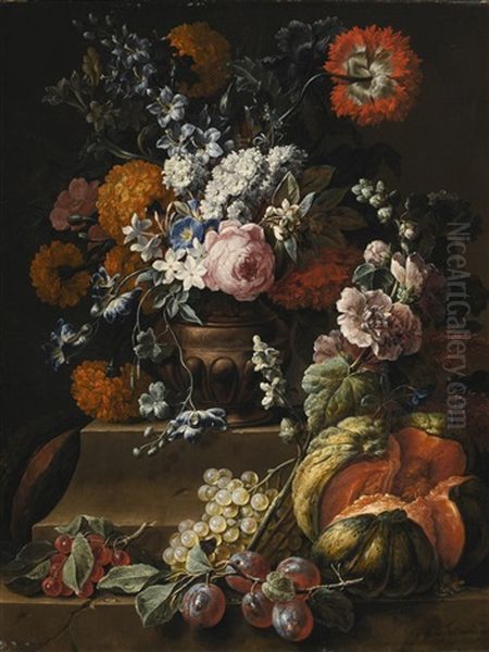 Still Life With Hollyhock, Carnations, And Various Flowers In A Vase On A Plinth With A Melon, Cherries, Grapes And Plums On A Ledge - view 1