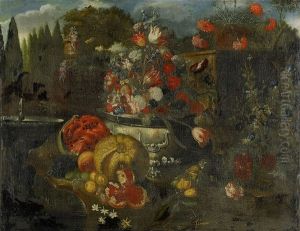 Garden Vase With Flowers And A Fountain by Gaspar Pieter Verbruggen the Younger