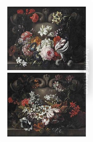 A Tulip, Jasmine, Chrysanthemums, Narcissi, Ivy And Various Other Flowers Decorating A Feigned Stone Cartouche; And Roses, Morning Glory, Jasmine, Narcissi, Poppies, A Tulip, Ivy And Various Other Flowers Decorating A Feigned Stone Cartouche - view 1