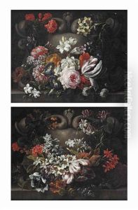 A Tulip, Jasmine, Chrysanthemums, Narcissi, Ivy And Various Other Flowers Decorating A Feigned Stone Cartouche; And Roses, Morning Glory, Jasmine, Narcissi, Poppies, A Tulip, Ivy And Various Other Flowers Decorating A Feigned Stone Cartouche A Tulip, Jasmine, Chrysanthemums, Narcissi, Ivy And Various Other Flowers Decorating A Feigned Stone Cartouche; And Roses, Morning Glory, Jasmine, Narcissi, Poppies, A Tulip, Ivy And Various Other Flowers Decorating A Feigned Stone Cartouche