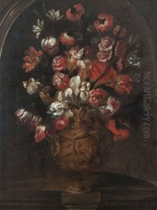 Tulips And Other Flowers, In Mannerist Ewers Set In Niches (a Pair)