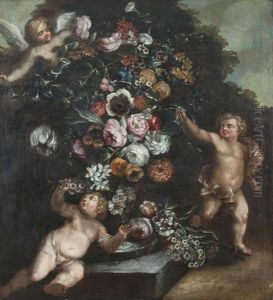 Flowers In A Sculptured Urn, Supported By A Three Putti