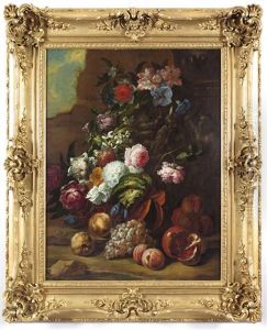 Still Life Of Flowers And Fruit Near A Relief Sculpture Of Classical Figures Surmounted By An Urn