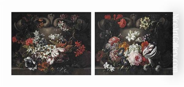 A Tulip, Jasmine, Chrysanthemums, Narcissi, Ivy And Various Other Flowers Decorating A Feigned Stone Cartouche; And Roses, Morning Glory, Jasmine, Narcissi, Poppies, A Tulip, Ivy And Various Other Flowers Decorating A Feigned Stone Cartouche - view 1