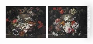 A Tulip, Jasmine, Chrysanthemums, Narcissi, Ivy And Various Other Flowers Decorating A Feigned Stone Cartouche; And Roses, Morning Glory, Jasmine, Narcissi, Poppies, A Tulip, Ivy And Various Other Flowers Decorating A Feigned Stone Cartouche A Tulip, Jasmine, Chrysanthemums, Narcissi, Ivy And Various Other Flowers Decorating A Feigned Stone Cartouche; And Roses, Morning Glory, Jasmine, Narcissi, Poppies, A Tulip, Ivy And Various Other Flowers Decorating A Feigned Stone Cartouche