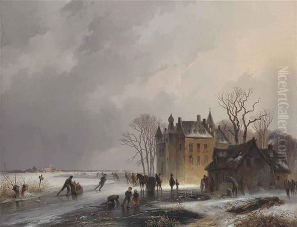 A Winter Landscape With Skaters On A Frozen Lake Near A Castle - view 1