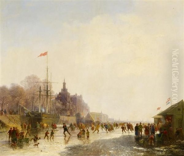 Schlittschuhlaufer Auf Einem Zugefrorenem Fluss, Moglicherweise Bei Rotterdam - view 1