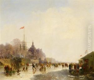 Schlittschuhlaufer Auf Einem Zugefrorenem Fluss, Moglicherweise Bei Rotterdam by Cornelis Gerrit Verburgh