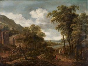 Gebirgige Flusslandschaft Mit Figuren by Dionys Verburgh