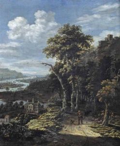 A Rhenish River Landscape With Travellers On A Path At The Edge Of A Wood, A Mansion In The Valley Below