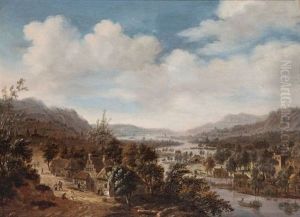 Paysage Panoramique Anime De Nombreux Personnages Pres D'une Riviere Sinueuse