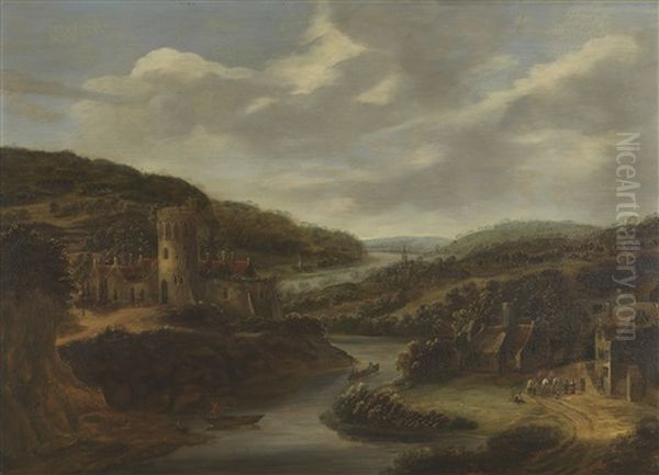 Flusslandschaft Mit Burg Und Kleinem Dorf - view 1