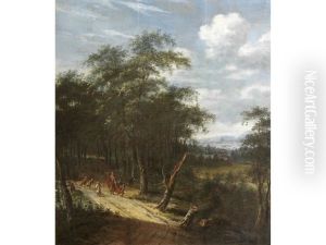 A Wooded Landscape With Children Playing On A Path (+ A Wooded Landscape With Figures On A Track; Pair) by Dionys Verburgh