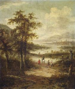 Weite Flusslandschaft Mit Reisenden Und Bauern Auf Einem Sandigen Fahrweg