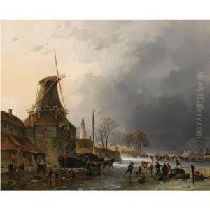 A Winter Landscape With Many Figures And Horse Sledges On The Ice By A Windmill A Winter Landscape With Many Figures And Horse Sledges On The Ice By A Windmill