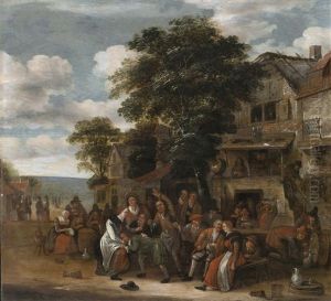 A Village Scene With Revelers Outside An Inn by Rutger Verburgh
