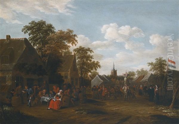 Outdoor Market Scene With Figures Eating And Drinking Outside An Inn, A Pair Of Figures Performing - view 1