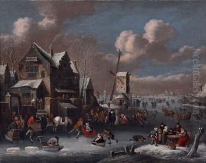 Scene De Patinage Dans Un Village Flamand by Rutger Verburgh