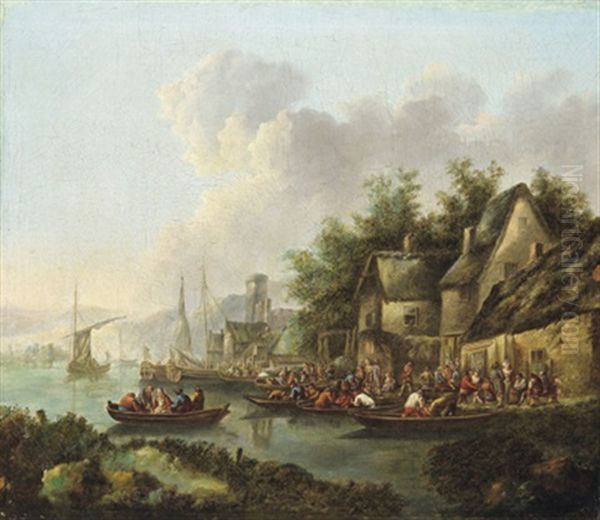 Dorf An Einem Fluss Mit Vielen Booten Und Figuren - view 1
