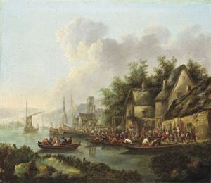 Dorf An Einem Fluss Mit Vielen Booten Und Figuren Dorf An Einem Fluss Mit Vielen Booten Und Figuren