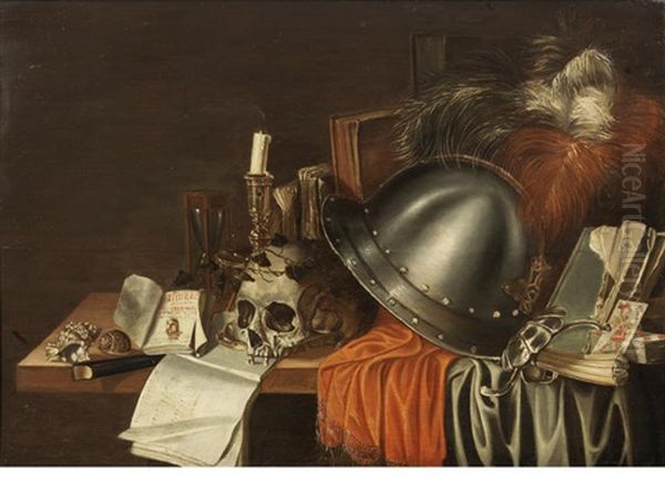A Plumed Helmet, A Skull With Shells, A Candle And An Hourglass With Other Objects On A Draped Table - view 1