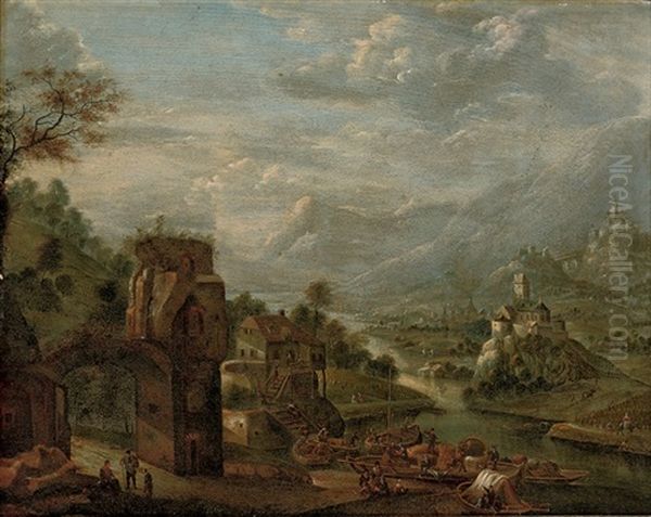 A River Landscape With Merchants Unloading Their Cargo On A Quay - view 1