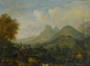 A Mountainous River Landscape With Horsemen Crossing A Bridge (+ A Mountainous Landscape With A Watermill In The Foreground; Pair)