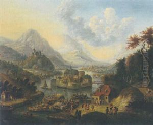 A Rhenish River Landscape With Numerous Figures Loading Boats And A Fortified Island And A Valley Beyond