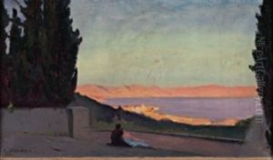 Couple Devant Paysage De Bord De Mer (midi Ou Alger) by Raymond Jean Verdun