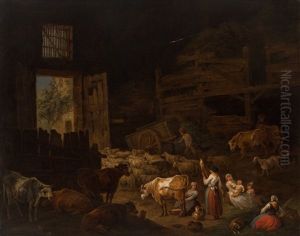 Cows, Sheep And Other Animals In A Barn