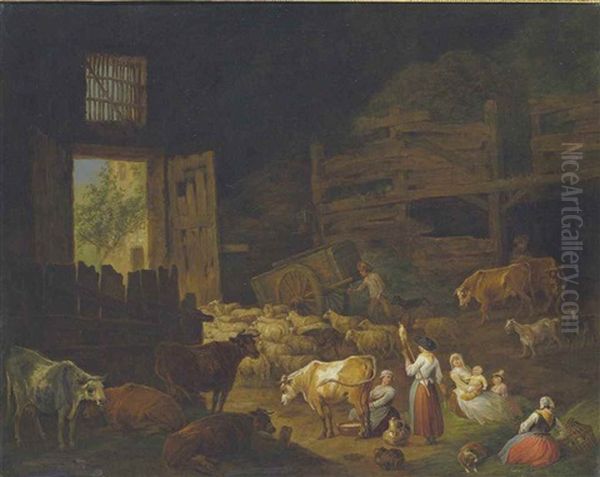 Cows, Sheep, And Other Animals In A Barn Interior, With Peasants Resting In The Foreground - view 1