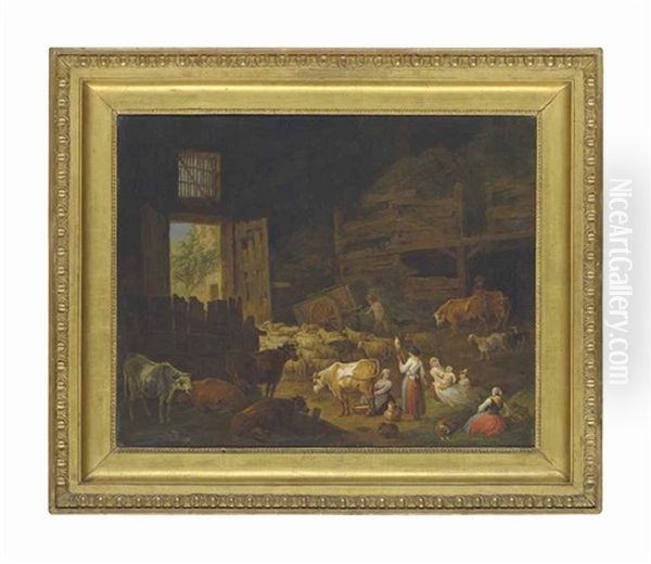 Cows, Sheep, And Other Animals In A Barn Interior, With Peasants Resting In The Foreground - view 1