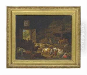Cows, Sheep, And Other Animals In A Barn Interior, With Peasants Resting In The Foreground by Jan Peeter Verdussen