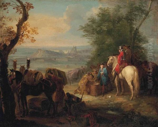 Soldiers At Rest And Playing Cards, A Fortified City Beyond - view 1
