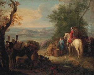 Soldiers At Rest And Playing Cards, A Fortified City Beyond by Jan Peeter Verdussen
